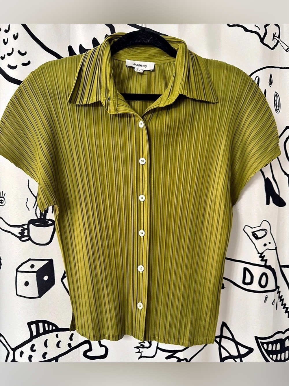 Jason Wu Extended Shoulder Pleated Button-Up Shirt Green Small